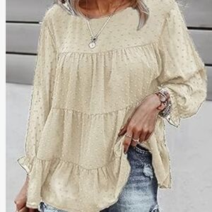 Women's Summer Loose Chiffon Mesh Long Sleeve Casual Round Neck Peplum Top